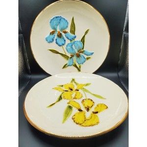 Vintage Mallory Pottery Set of 2 Floral Plates Jamar 1957 Ceramic Wall Plates